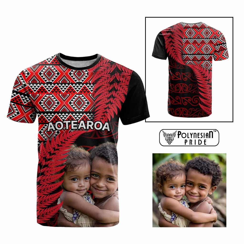 Custom Upload Image Aotearoa Silver Fern T Shirt Red Taniko Motif