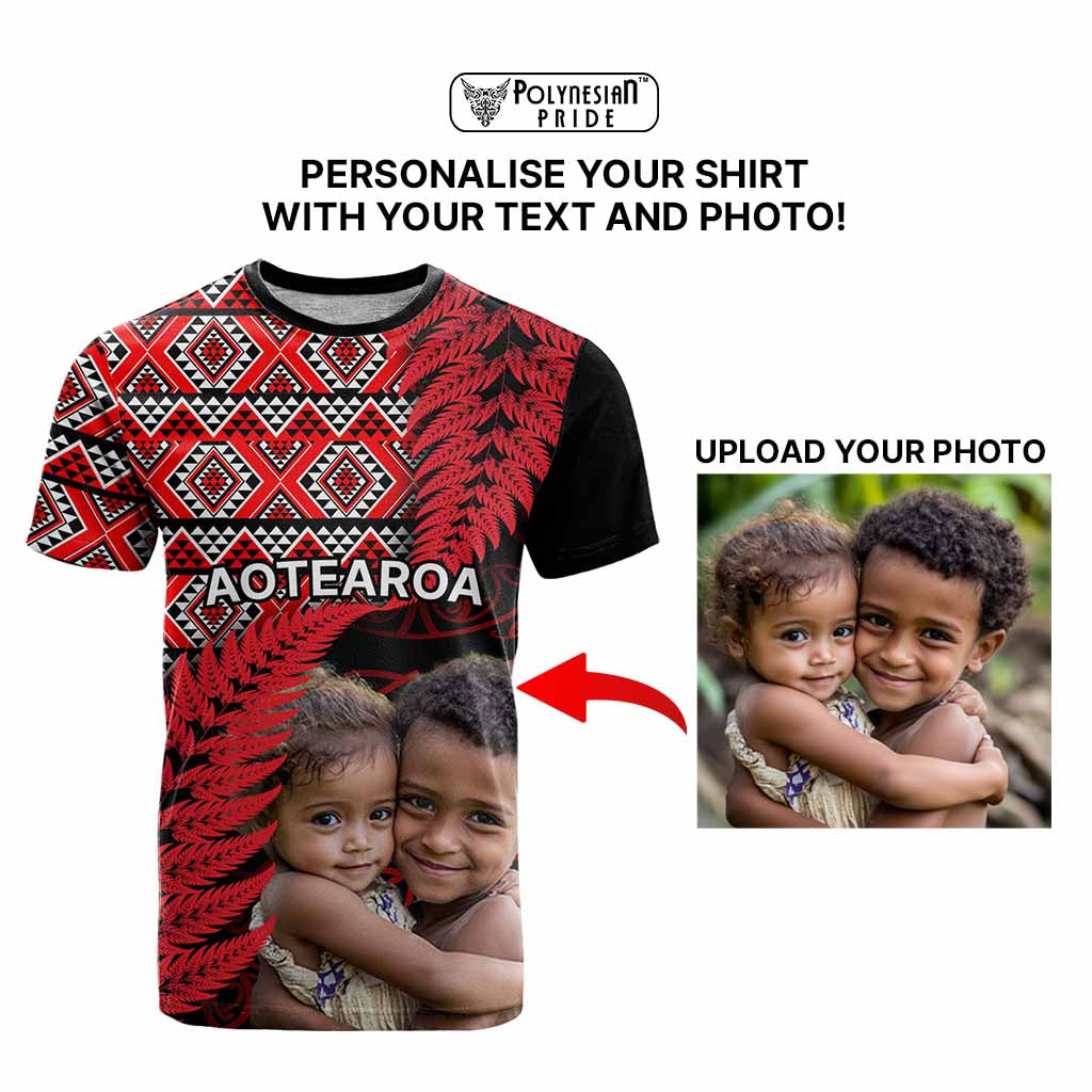 Custom Upload Image Aotearoa Silver Fern T Shirt Red Taniko Motif