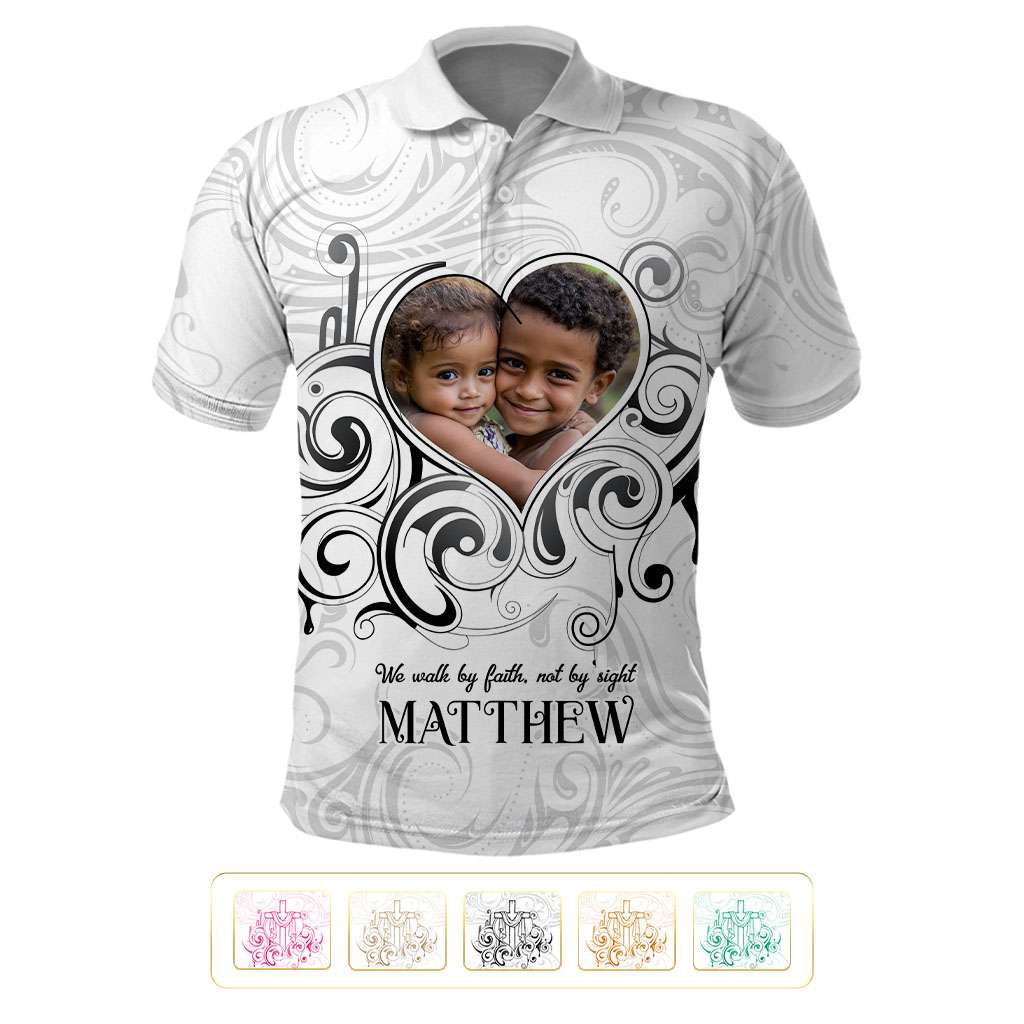 Custom Photo Name Polynesian White Sunday Polo Shirt Tribal Art Heart with Cross