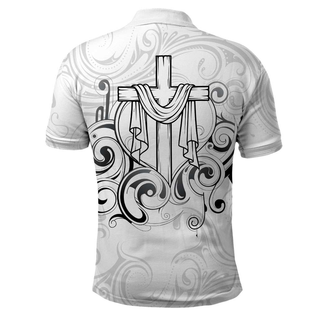Custom Photo Name Polynesian White Sunday Polo Shirt Tribal Art Heart with Cross