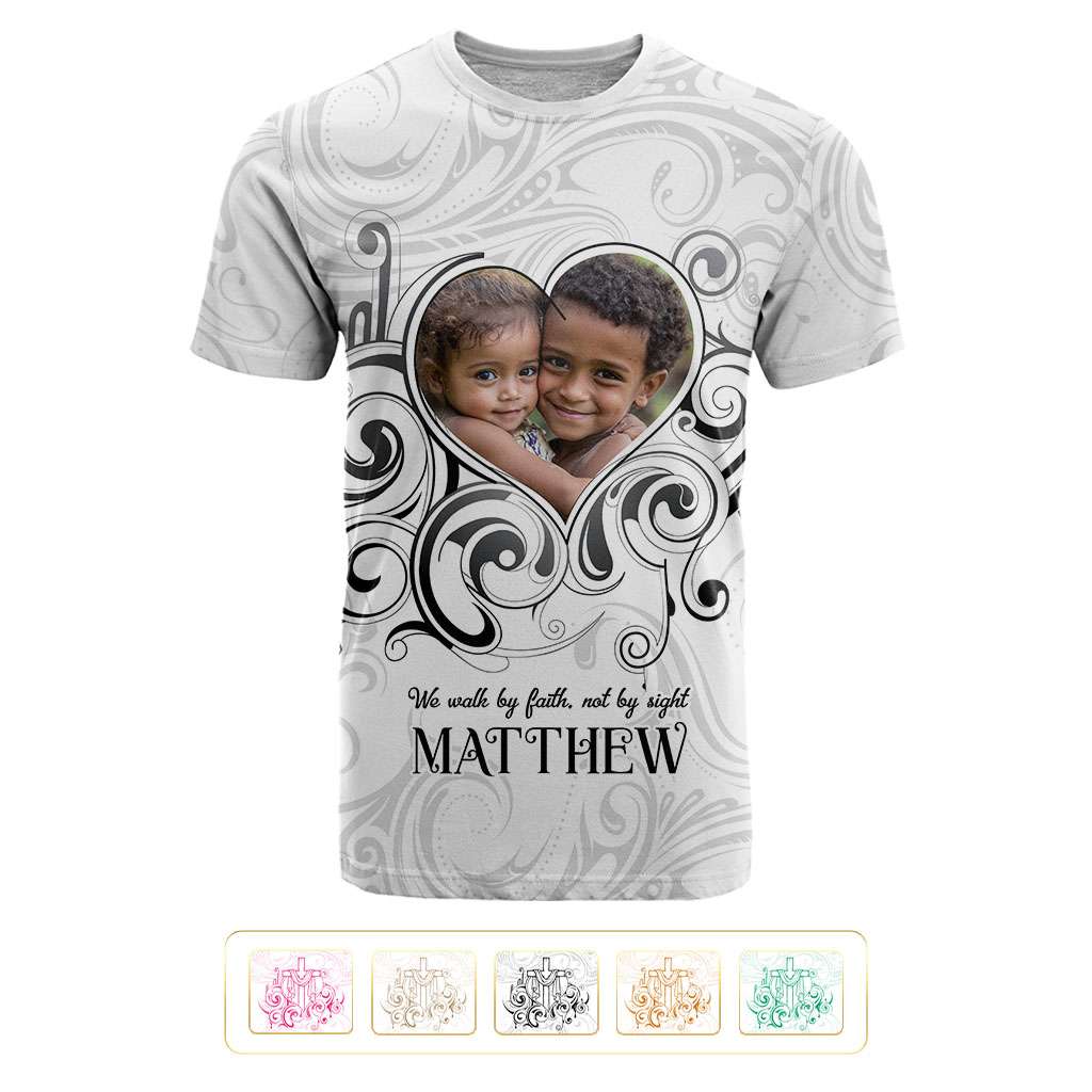 Custom Photo Name Polynesian White Sunday T shirt Tribal Art Heart with Cross