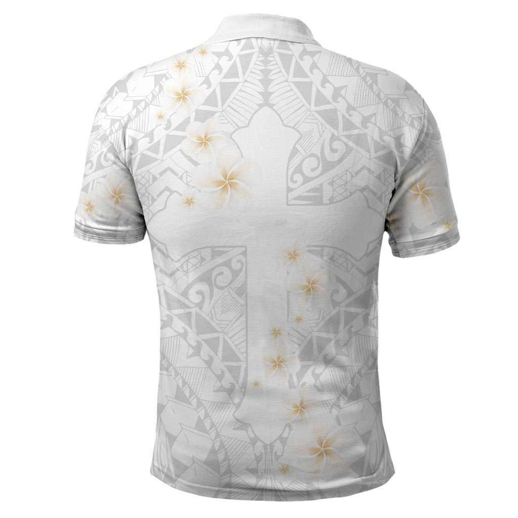 Christian Cross Floral Personalized Text Polo Shirt Polynesian Plumeria Tribal Motif
