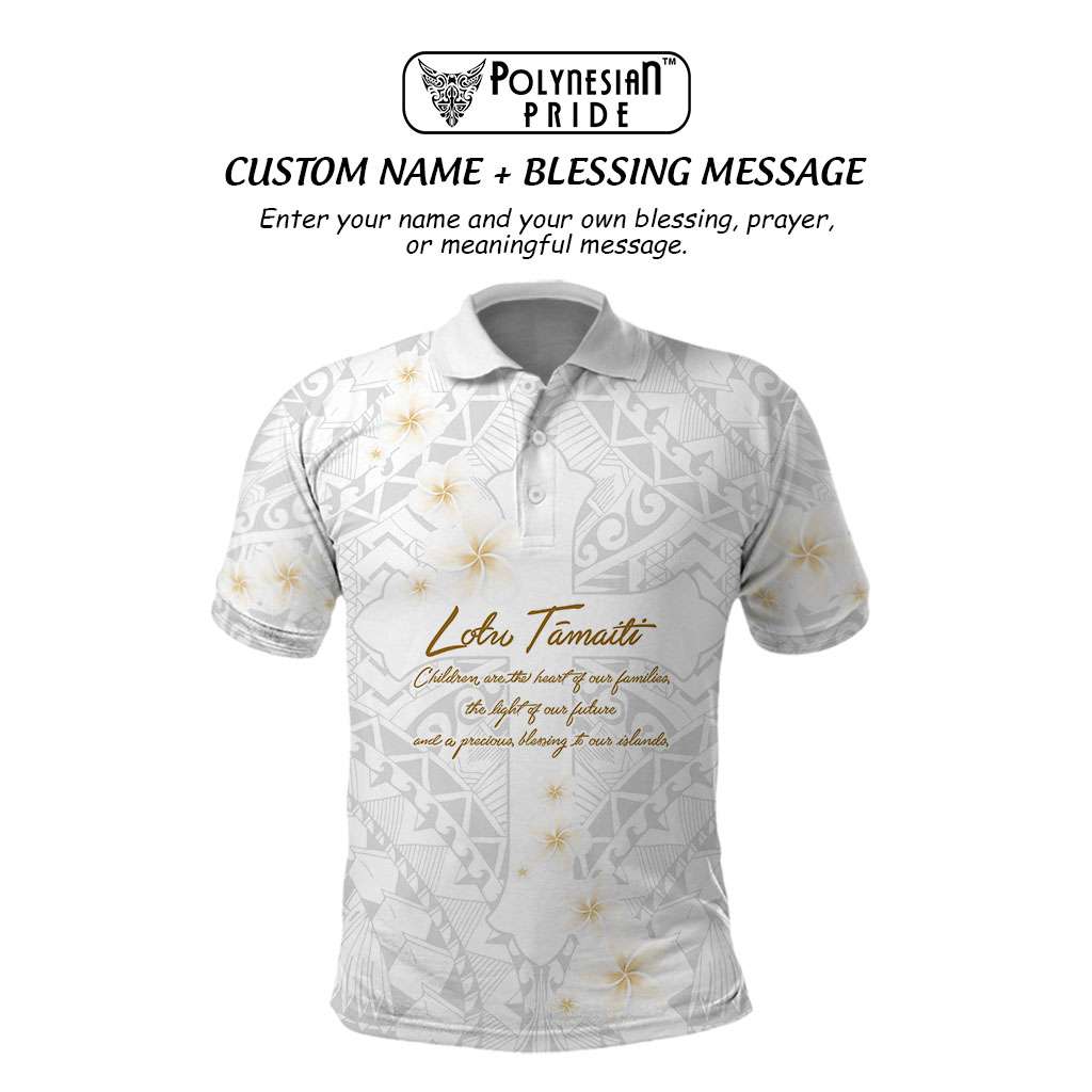 Christian Cross Floral Personalized Text Polo Shirt Polynesian Plumeria Tribal Motif