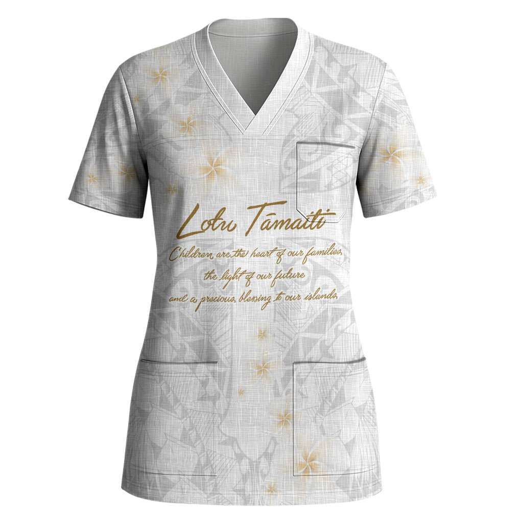 Christian Cross Floral Personalized Text Scrub Top Polynesian Plumeria Tribal Motif