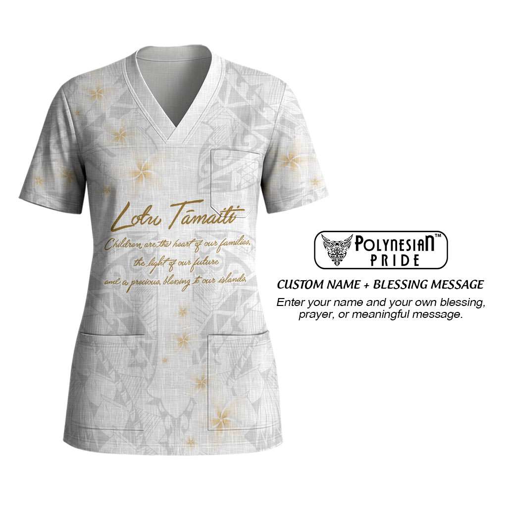Christian Cross Floral Personalized Text Scrub Top Polynesian Plumeria Tribal Motif