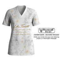 Christian Cross Floral Personalized Text Scrub Top Polynesian Plumeria Tribal Motif