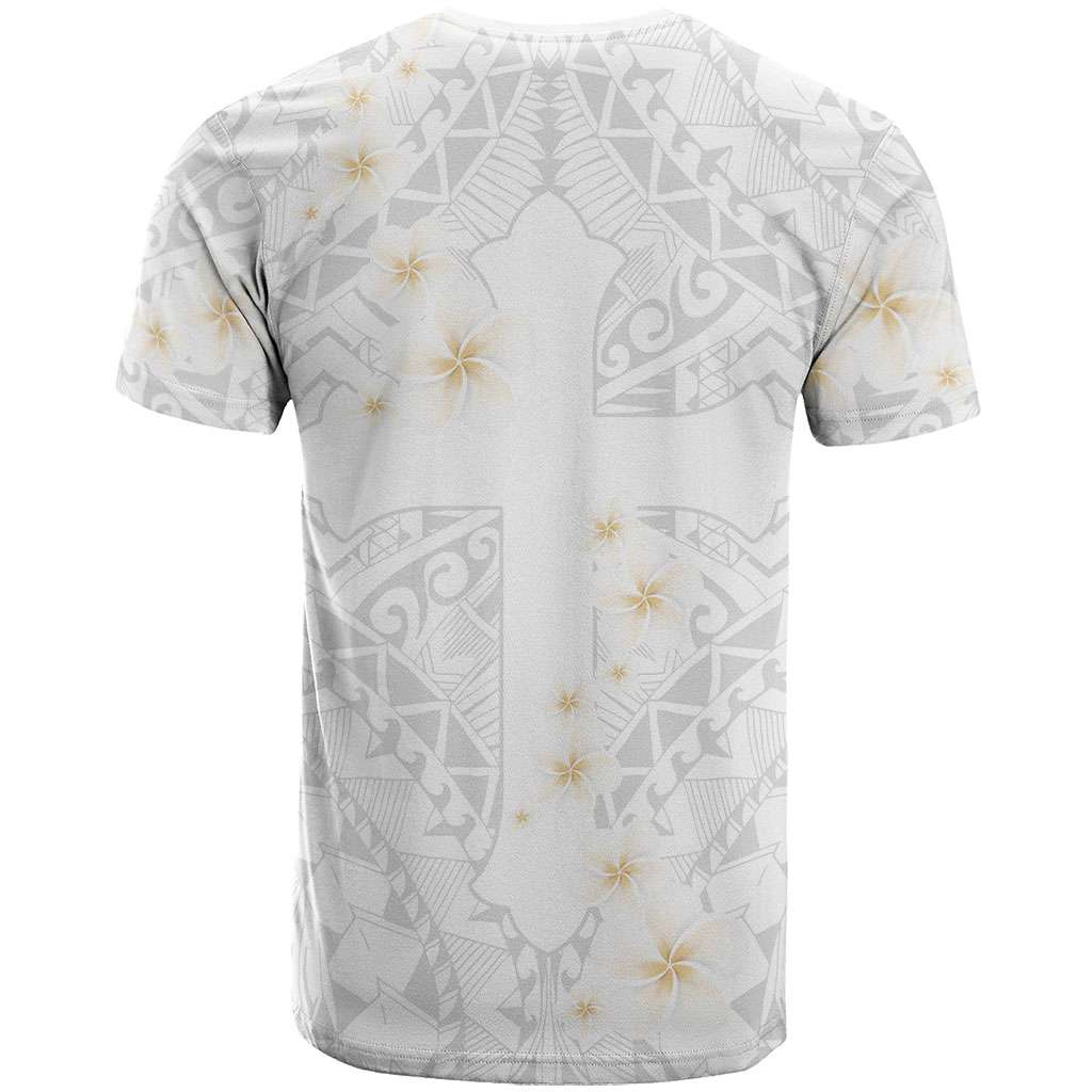 Christian Cross Floral Personalized Text T shirt Polynesian Plumeria Tribal Motif