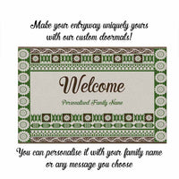 Custom Bula Fiji Family Name Rubber Doormat Green Fijian Tribal Tapa Pattern