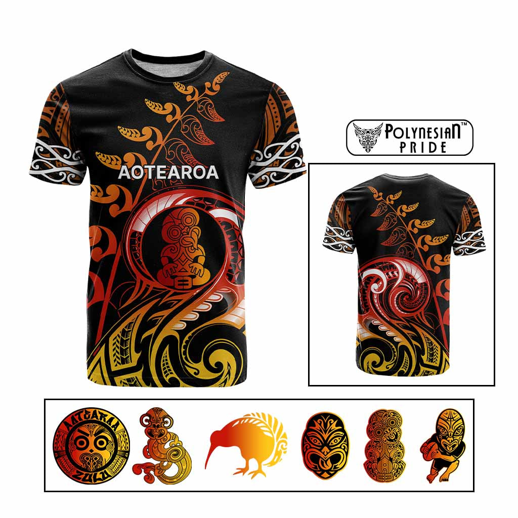 Custom New Zealand T Shirt Aotearoa Symbols with Maori Fern Reggae Arty Color