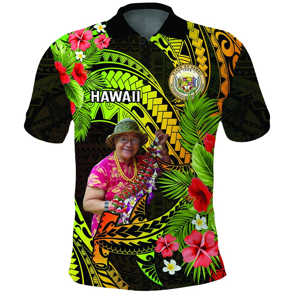 Custom Photo Polynesian Countries Polo Shirt Flowers Hammerhead Shark With Coat of Arms