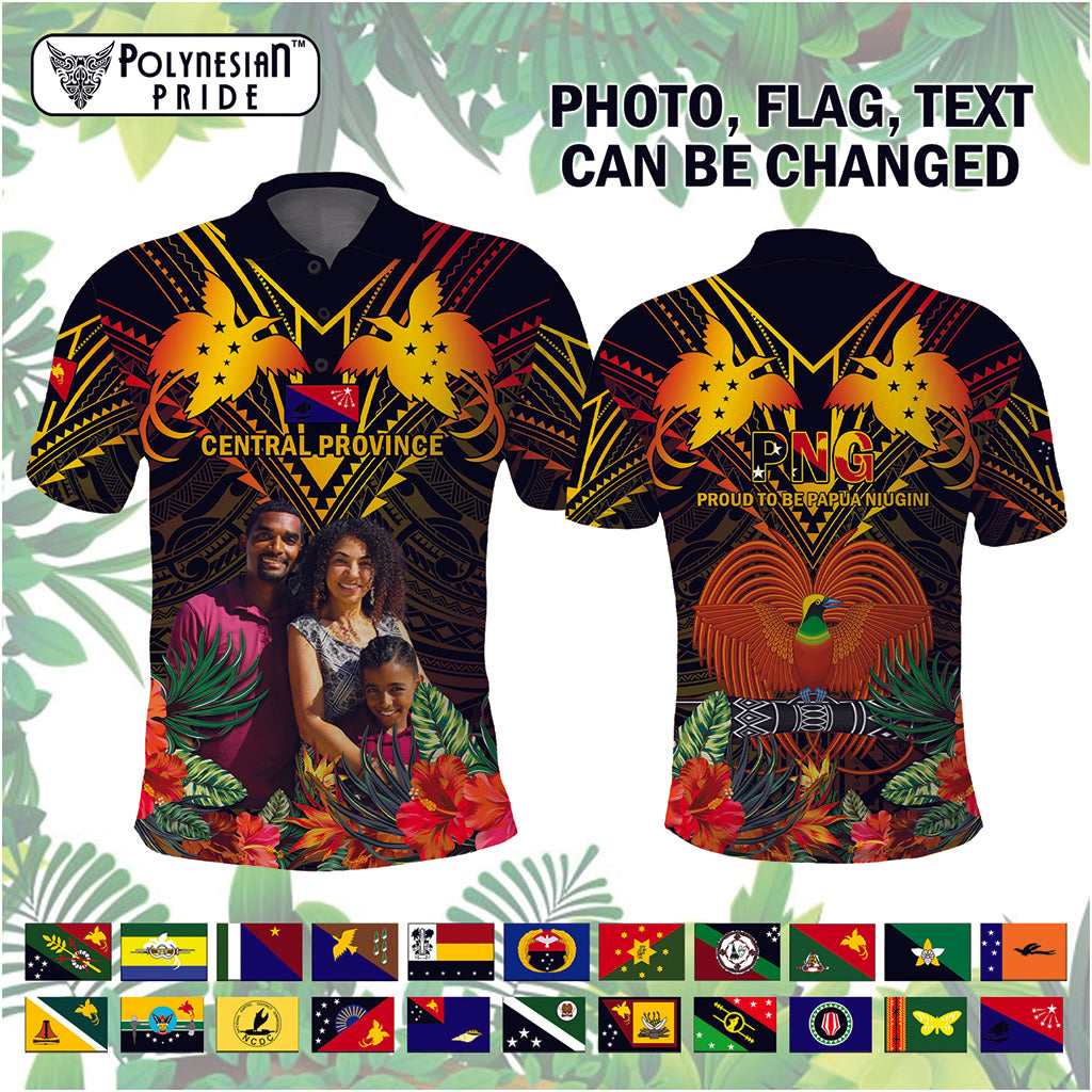 Custom Photo Papua New Guinea Provinces Polo Shirt Flag With Polynesian Tropical Flowers - Polynesian Pride