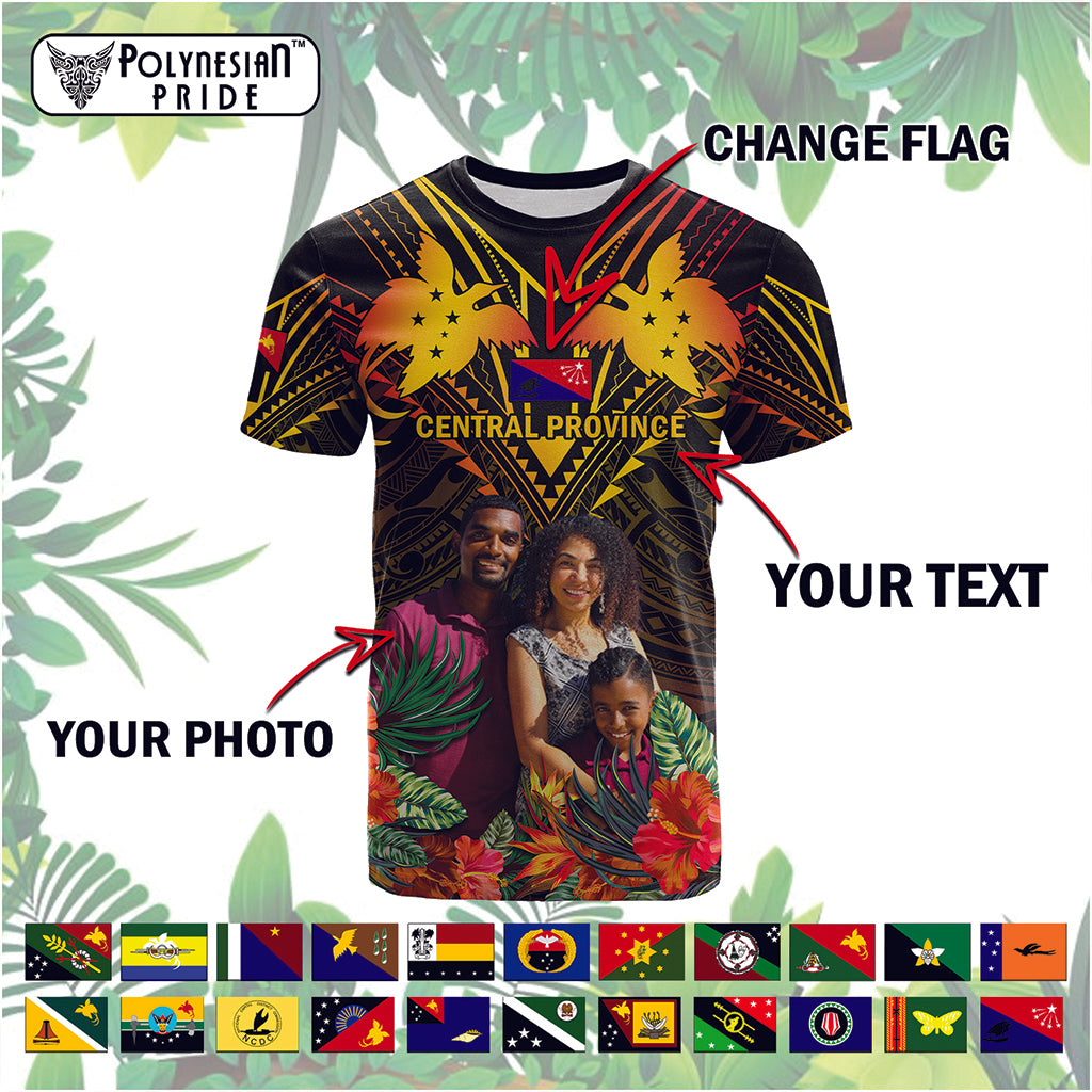 Custom Photo Papua New Guinea Provinces T Shirt Flag With Polynesian Tropical Flowers - Polynesian Pride