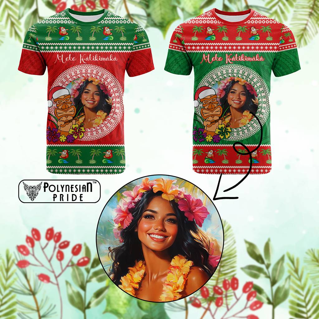 Custom Photo Aloha Hawaii Christmas T Shirt Tiki Santa Mele Kalikimaka