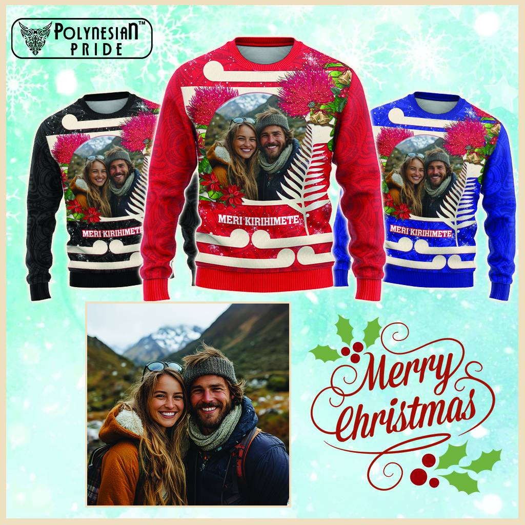 Custom Photo Kia Ora New Zealand Knitted Sweatshirt Pohotukawa Kiwi Santa Meri Kirihimete