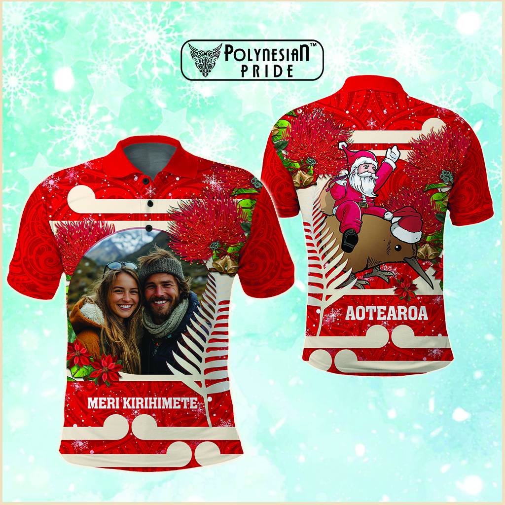 Custom Photo Kia Ora New Zealand Polo Shirt Pohutukawa Kiwi Santa Meri Kirihimete