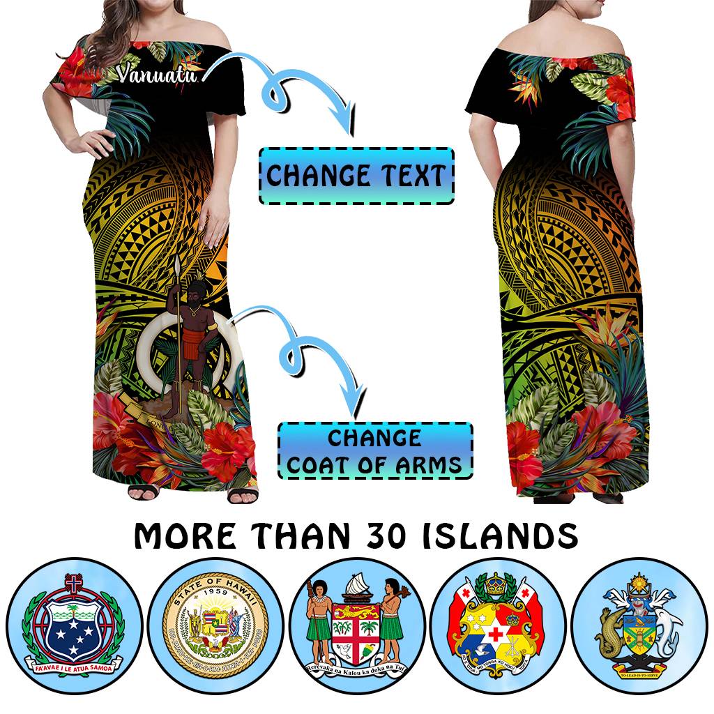 Custom Polynesian Off Shoulder Maxi Dress Coat Of Arms Tropical Flowers