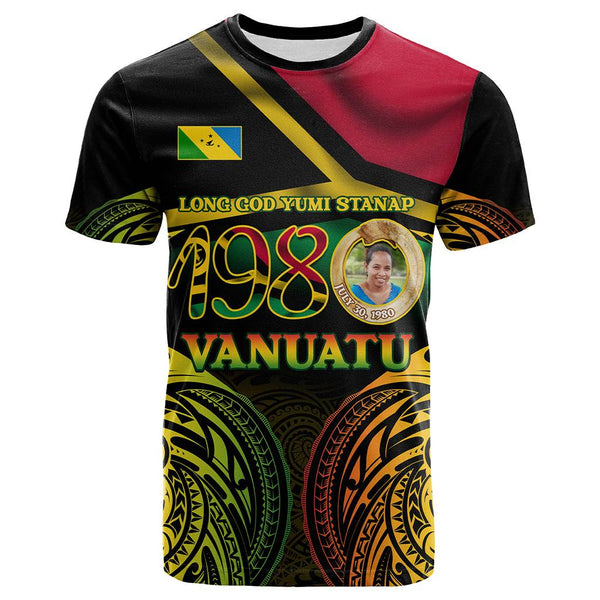Vanuatu T-Shirt - Custom Vanuatu Independence Anniversary With Arm Polynesian Patterns T-Shirt