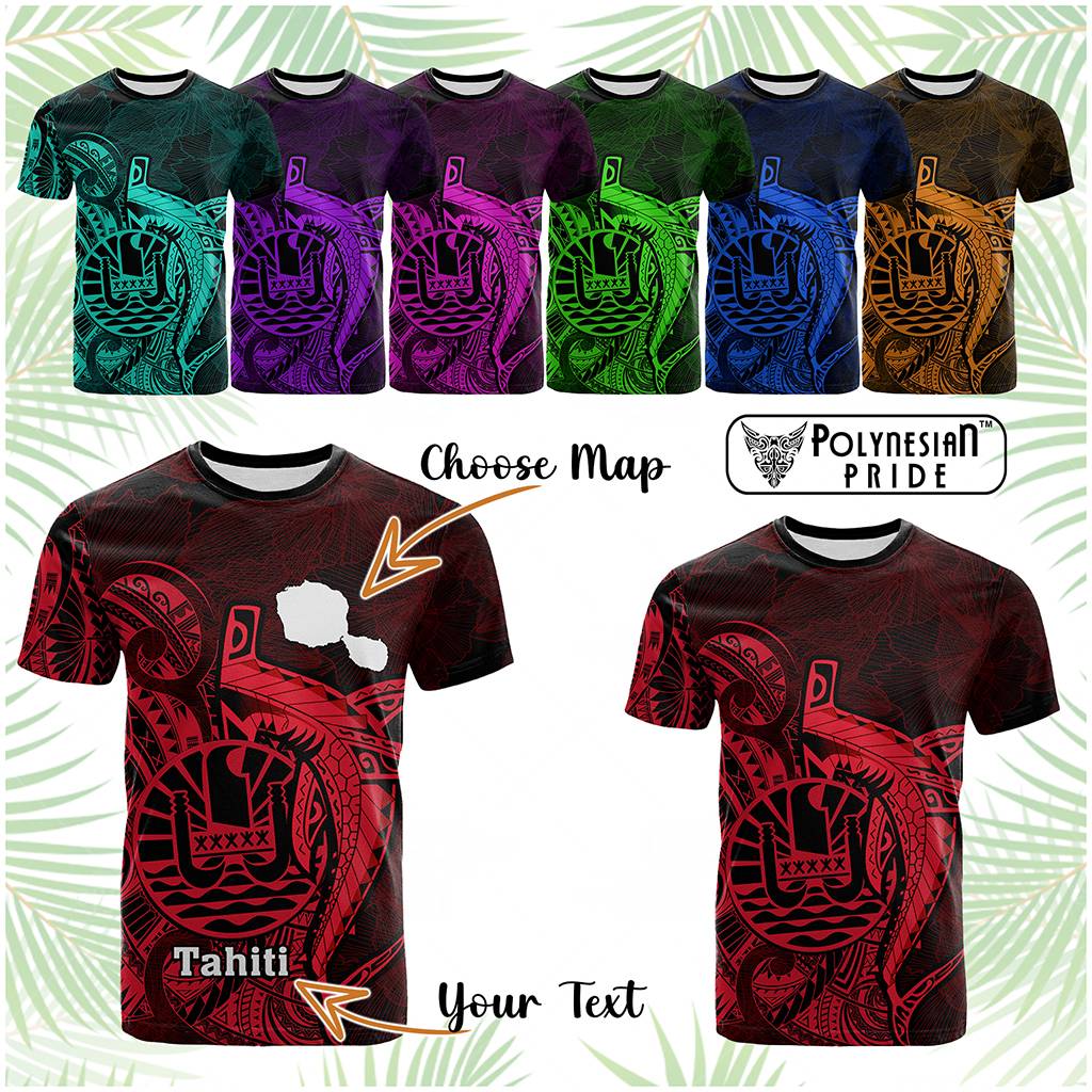 Custom French Polynesia T Shirt Map Of Islands Flag Hibiscus With Polynesian Shark Tattoo