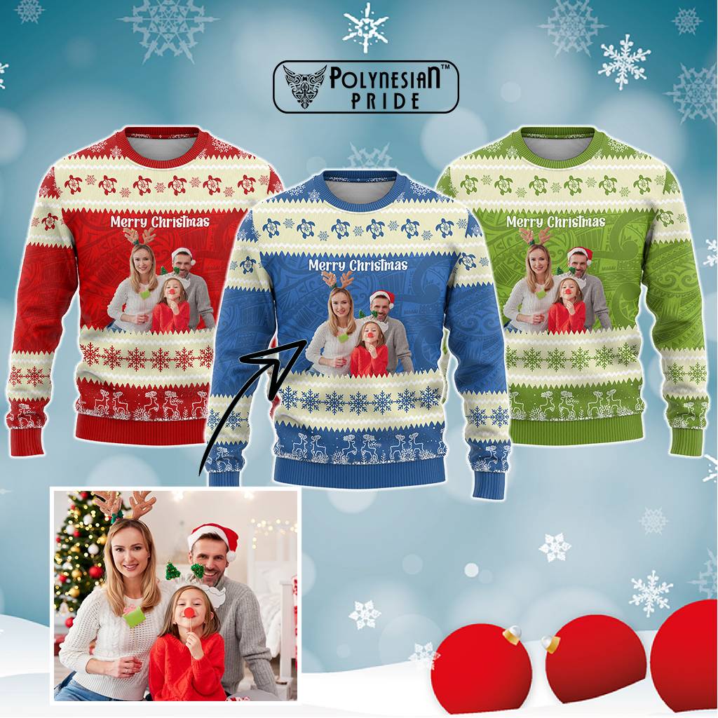 Custom Photo Polynesia Knitted Sweatshirt Xmas Vibes Polynesian Pattern