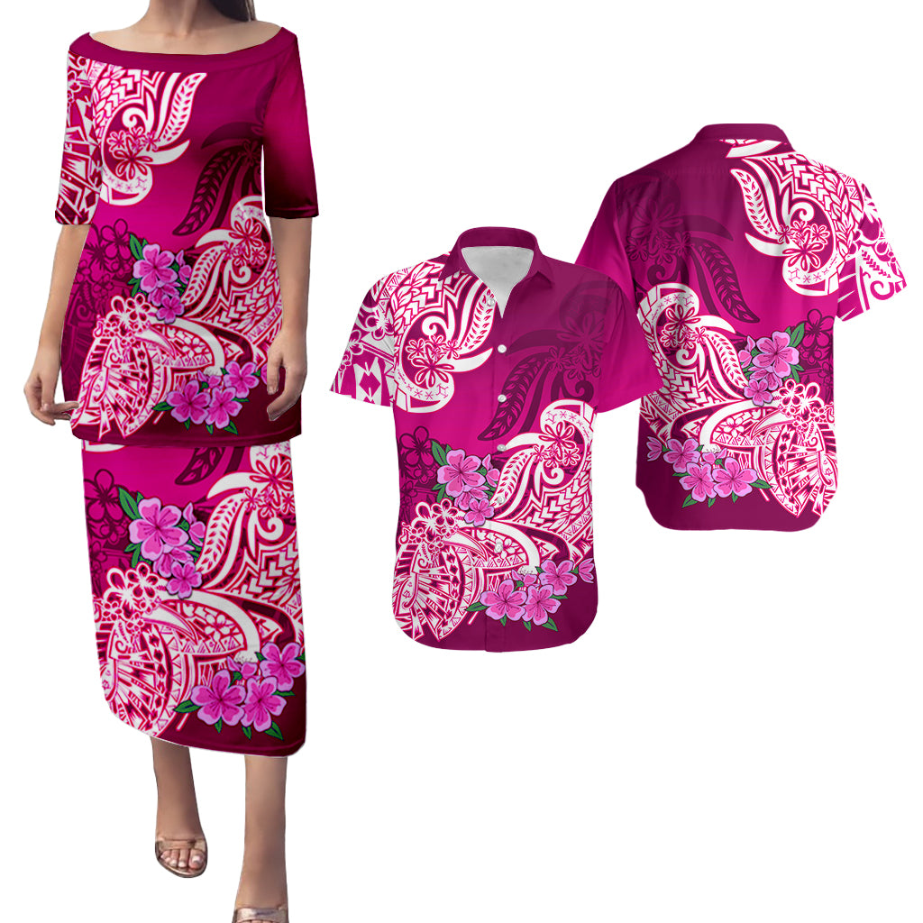 Polynesian Matching Couple Outfit Floral Tribal Puletasi Dress and Hawaiian Shirt Pink LT9 - Polynesian Pride