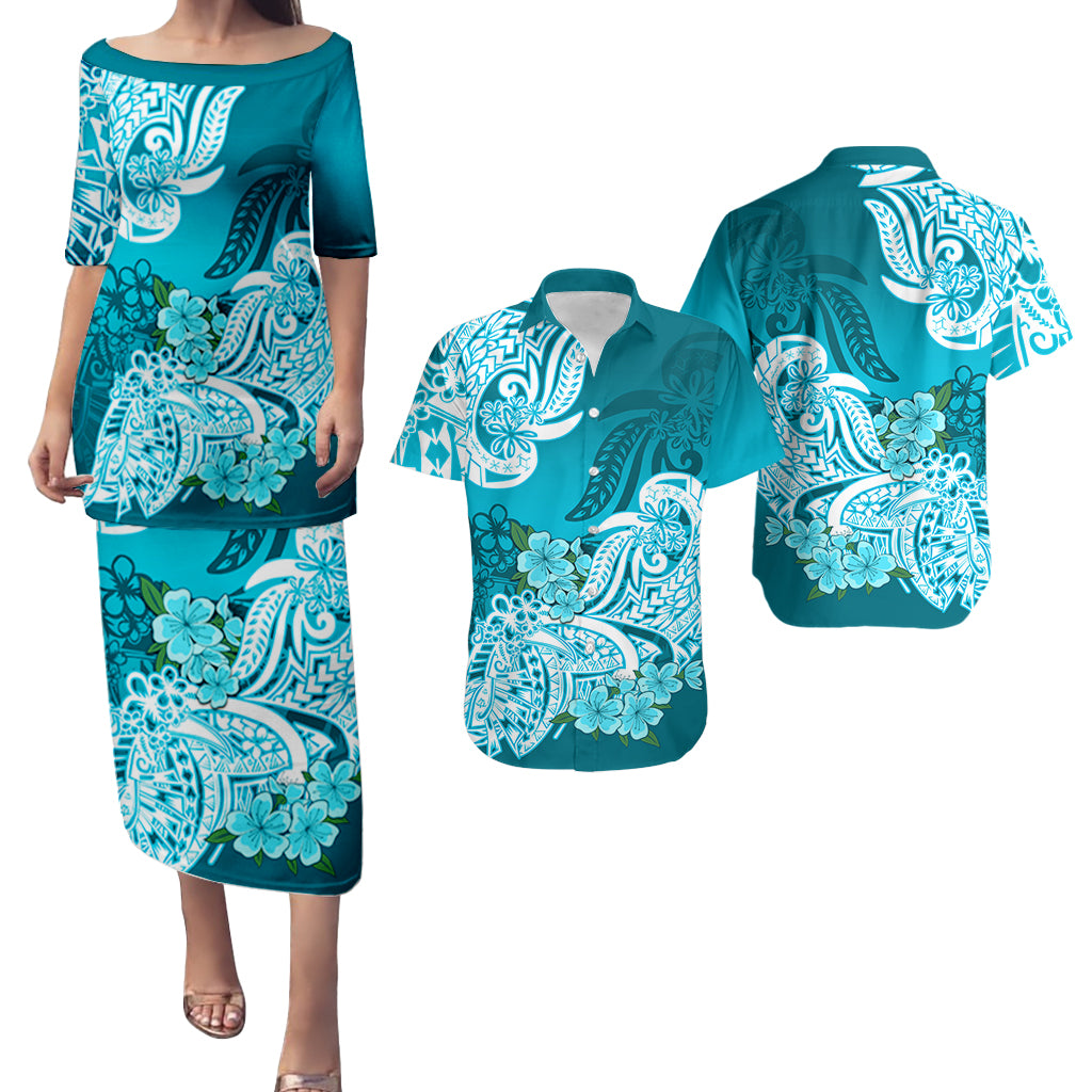 Polynesian Matching Couple Outfit Floral Tribal Puletasi Dress and Hawaiian Shirt Teal LT9 - Polynesian Pride