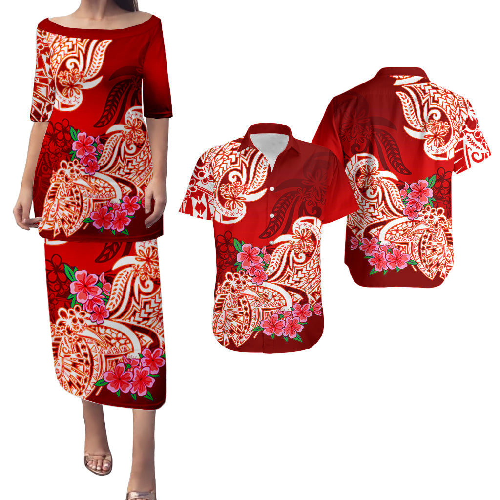 Polynesian Matching Couple Outfit Floral Tribal Puletasi Dress and Hawaiian Shirt Red LT9 - Polynesian Pride