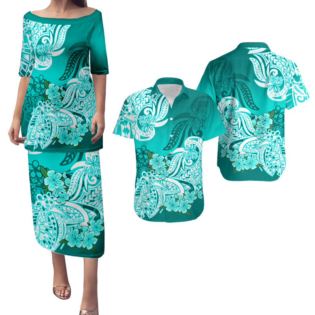 Polynesian Matching Couple Outfit Floral Tribal Puletasi Dress and Hawaiian Shirt Turquoise LT9 - Polynesian Pride