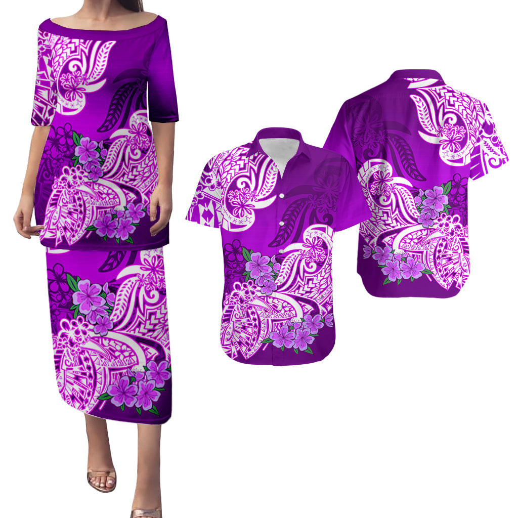 Polynesian Matching Couple Outfit Floral Tribal Puletasi Dress and Hawaiian Shirt Purple LT9 - Polynesian Pride