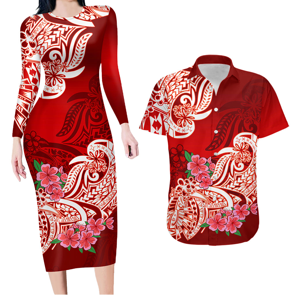 Polynesian Matching Outfit For Couples Floral Tribal Red Style Bodycon Dress And Hawaii Shirt LT9 - Polynesian Pride