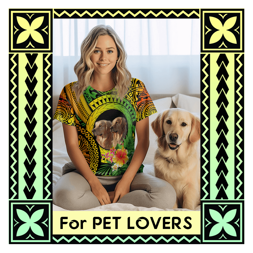 Woman wearing a colorful t-shirt with two dogs on it, framed by decorative elements and text 'For Pet Lovers'.