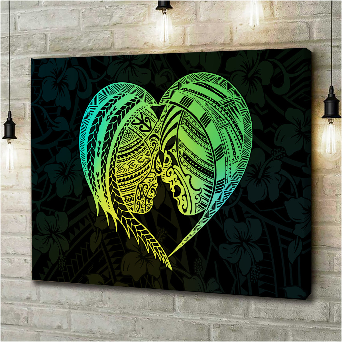 Polynesian Tribal Heart Tattoo Canvas Wall Art Gradient Green Version LT9 - Polynesian Pride