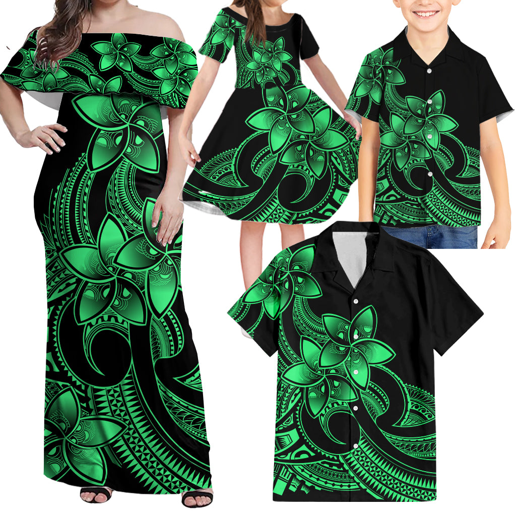 Polynesian Matching Outfit For Family Plumeria Flowers Long Dress Hawaiian Shirt Polynesian Tribal Green Vibe LT9 - Polynesian Pride
