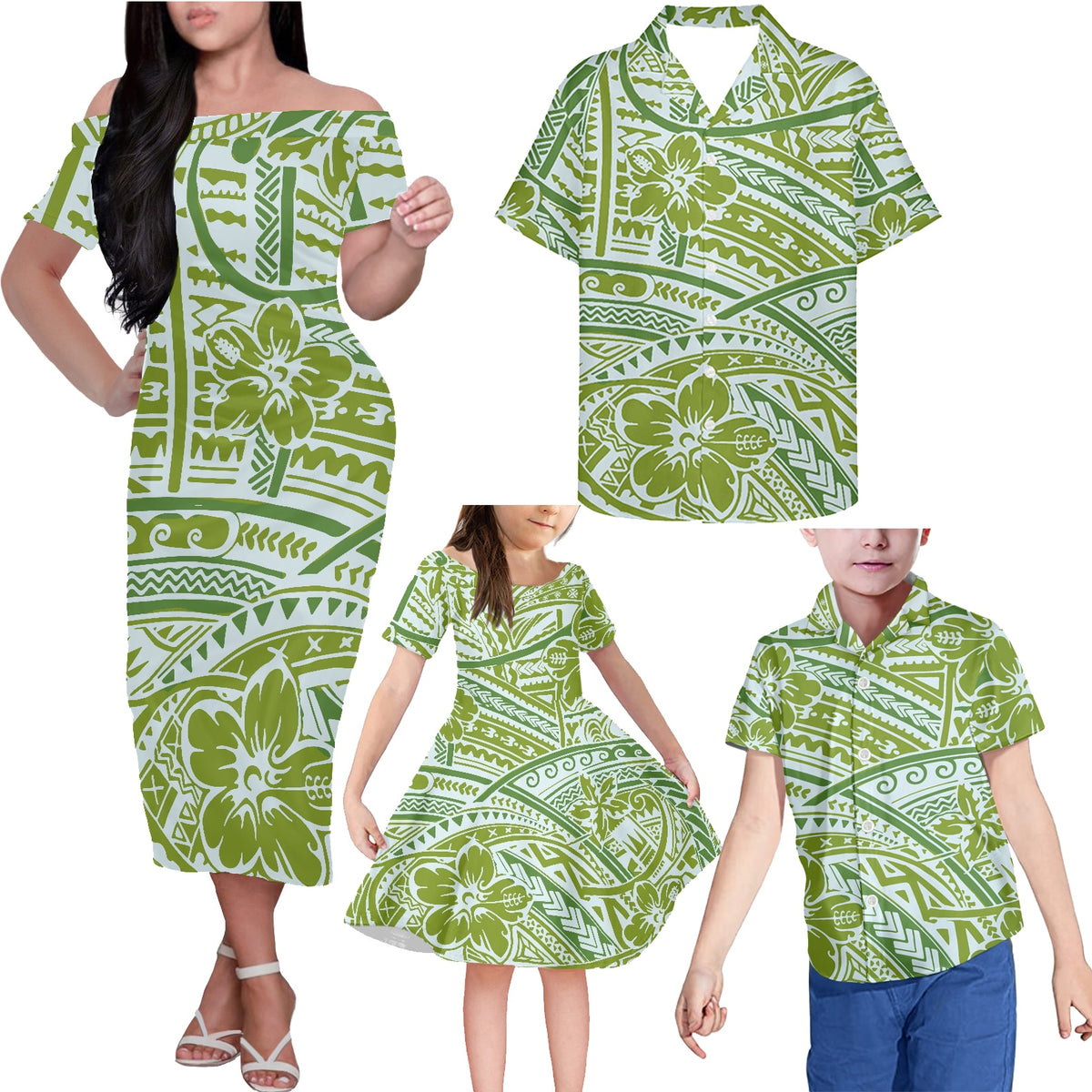 Matching Clothes For Family Hawaii Polynesian Tribal Green Off Shoulder Long Sleeve Dress And Shirt - Polynesian Pride
