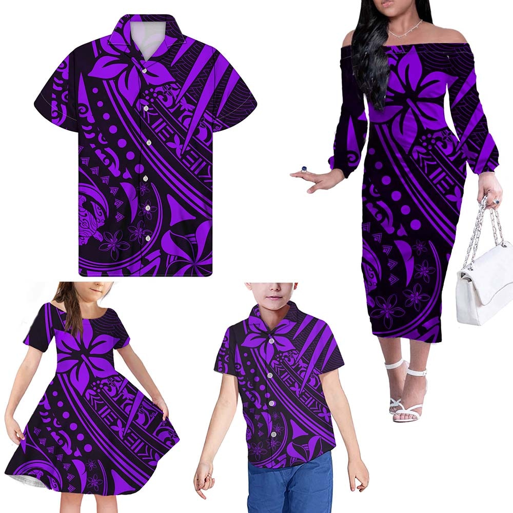 Polynesian Family Matching Outfits Hawaii Turtle Pineapple Red Off Shoulder Long Sleeve Dress And Shirt Family Set Clothes