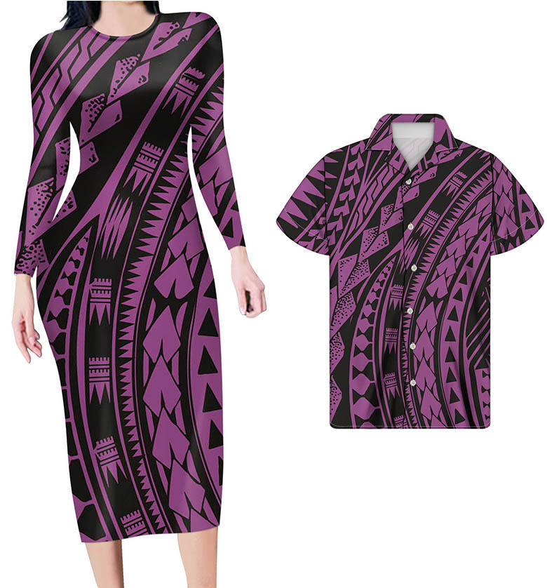 Polynesian Pride Hawaiian Attire For Couples Polynesian Tribal Purple Black Bodycon Dress And Summer Hawaii Shirt - Polynesian Pride