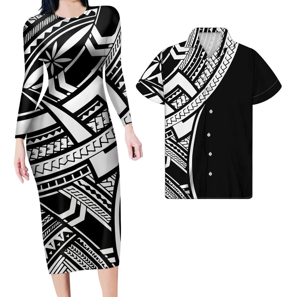 Hawaii Black And White Matching Outfit For Couples Polynesian Tribal Bodycon Dress And Hawaii Shirt - Polynesian Pride