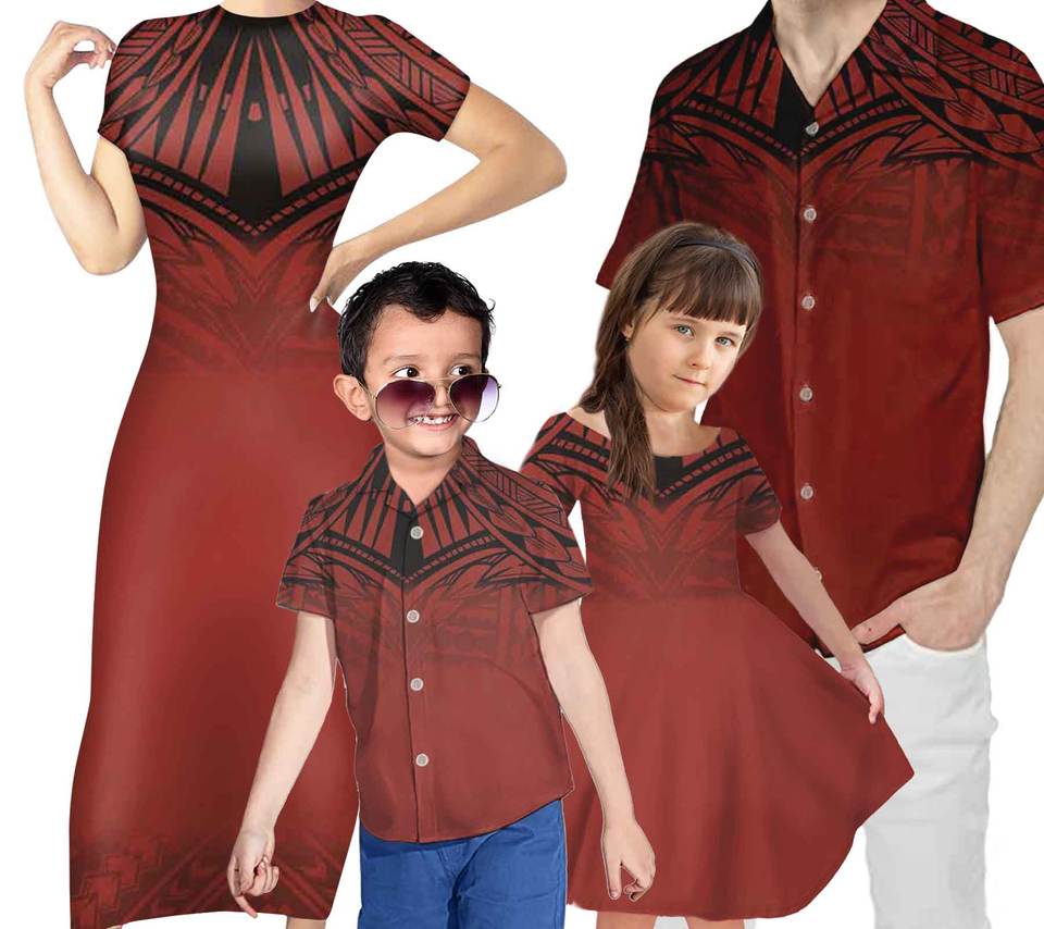 Red Hawaii Matching Outfit For Family Hawaiian Polynesian Tribal Pattern Bodycon Dress And Hawaii Shirt - Polynesian Pride
