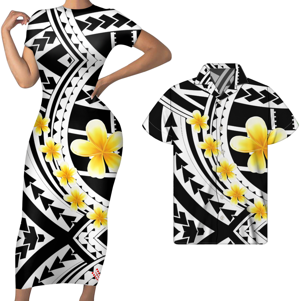 Polynesian Pride Black And White Matching Outfit For Couples Plumeria Polynesian Tribal Bodycon Dress And Hawaii Shirt - Polynesian Pride