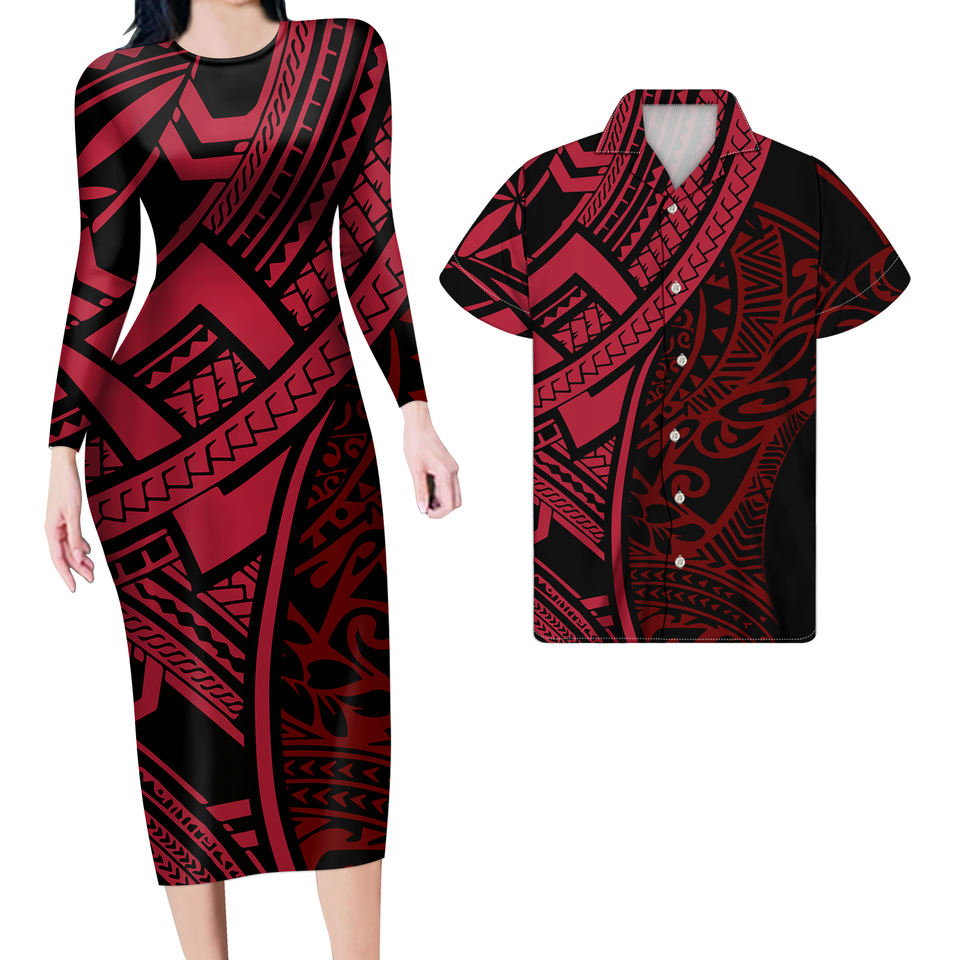 Hawaii Red Matching Outfit For Couples Hawaii Polynesian Tribal Bodycon Dress And Hawaii Shirt - Polynesian Pride