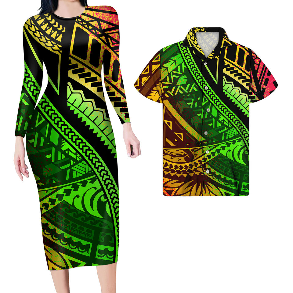 Hawaiian Matching Clothes For Couples Polynesian Tribal Pattern Reggae Bodycon Dress And Hawaii Shirt - Polynesian Pride