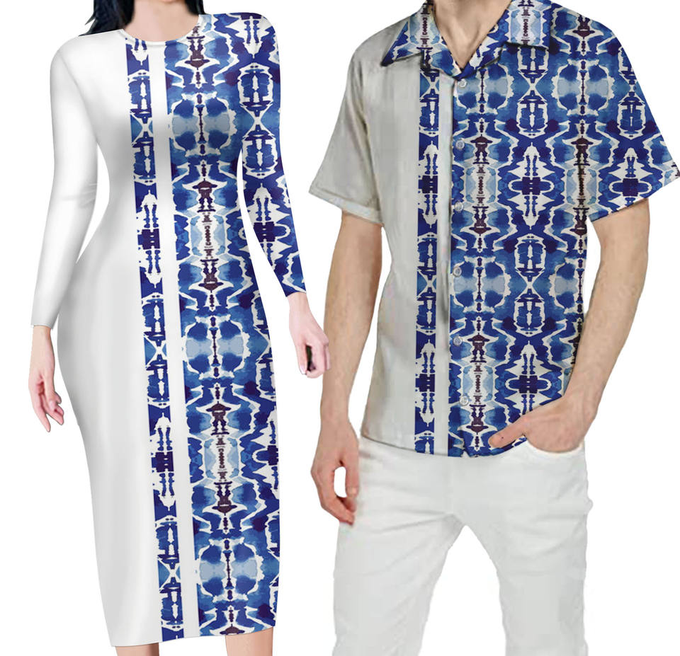 Blue And White Matching Outfit For Couples Hawaii Polynesian Tribal Bodycon Dress And Hawaii Shirt - Polynesian Pride