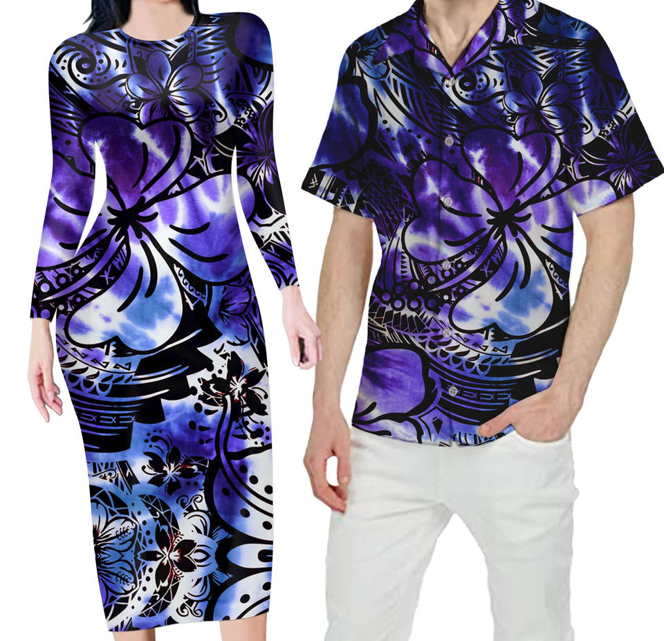 Hawaii Matching Outfit For Couples Hawaiian Flower Bodycon Dress And Hawaii Shirt - Polynesian Pride