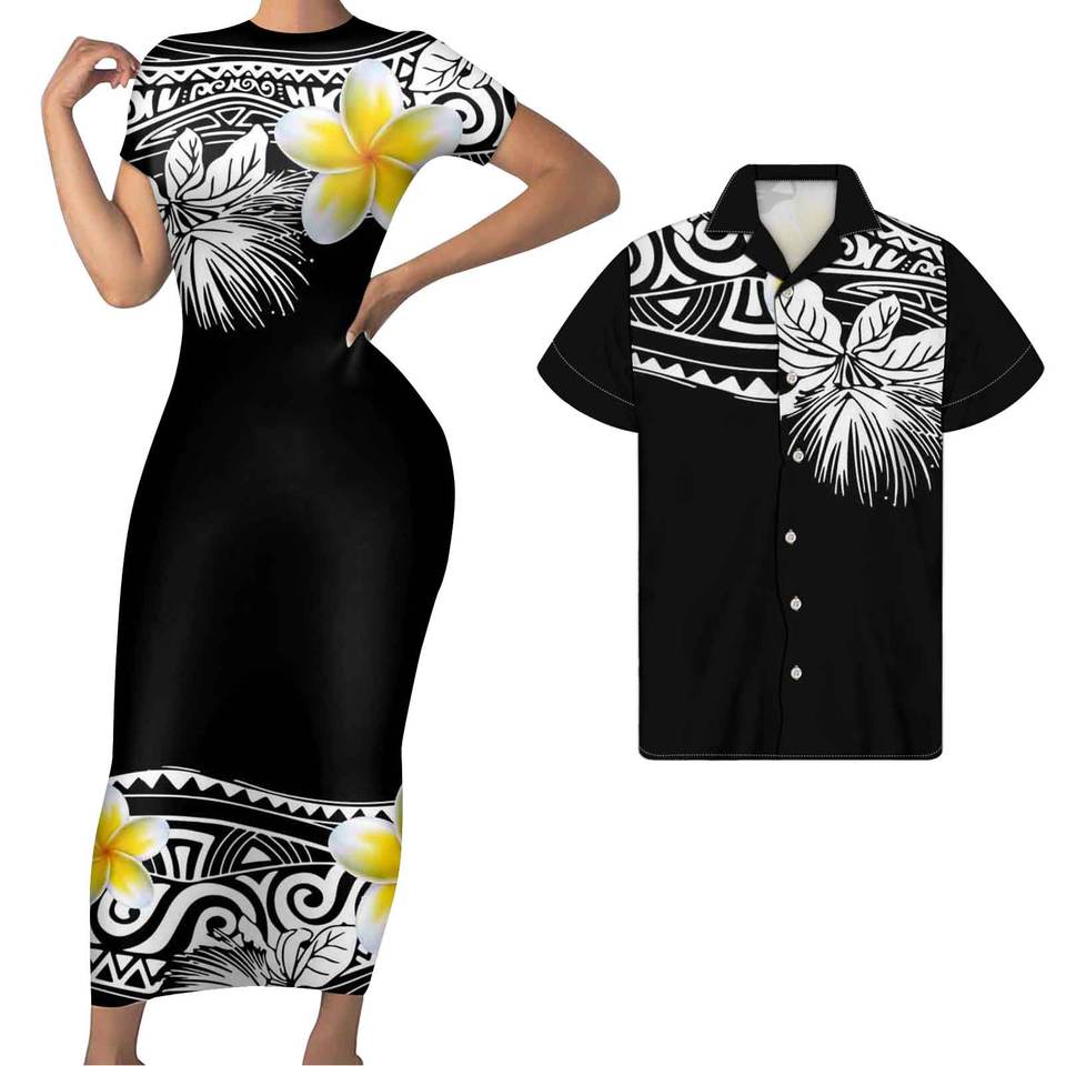 Polynesian Pride Plumeria Hawaii Matching Outfit For Couples Polynesian Tribal Bodycon Dress And Hawaii Shirt - Polynesian Pride