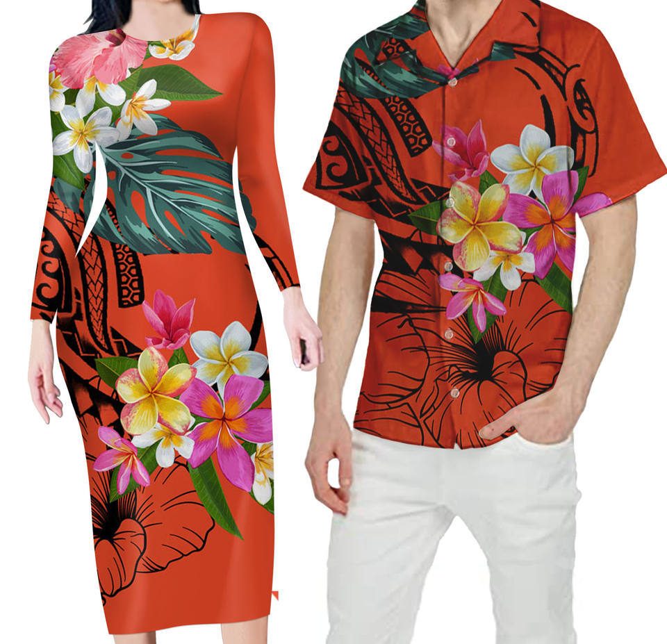 Matching Outfit For Couples Hawaii Tropical Flowers Polynesian Tribal Orange Wave Bodycon Dress And Hawaii Shirt - Polynesian Pride