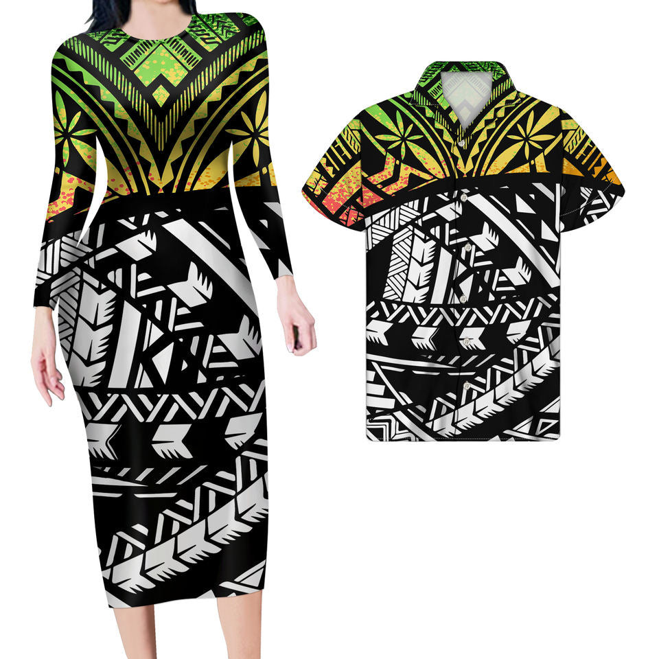 Matching Outfit For Couples Hawaii Polynesian Tribal Bodycon Dress And Hawaii Shirt - Polynesian Pride