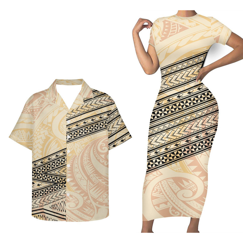 Matching Outfit For Couples Hawaiian Polynesian Tribal Grey Bodycon Dress And Hawaii Shirt - Polynesian Pride