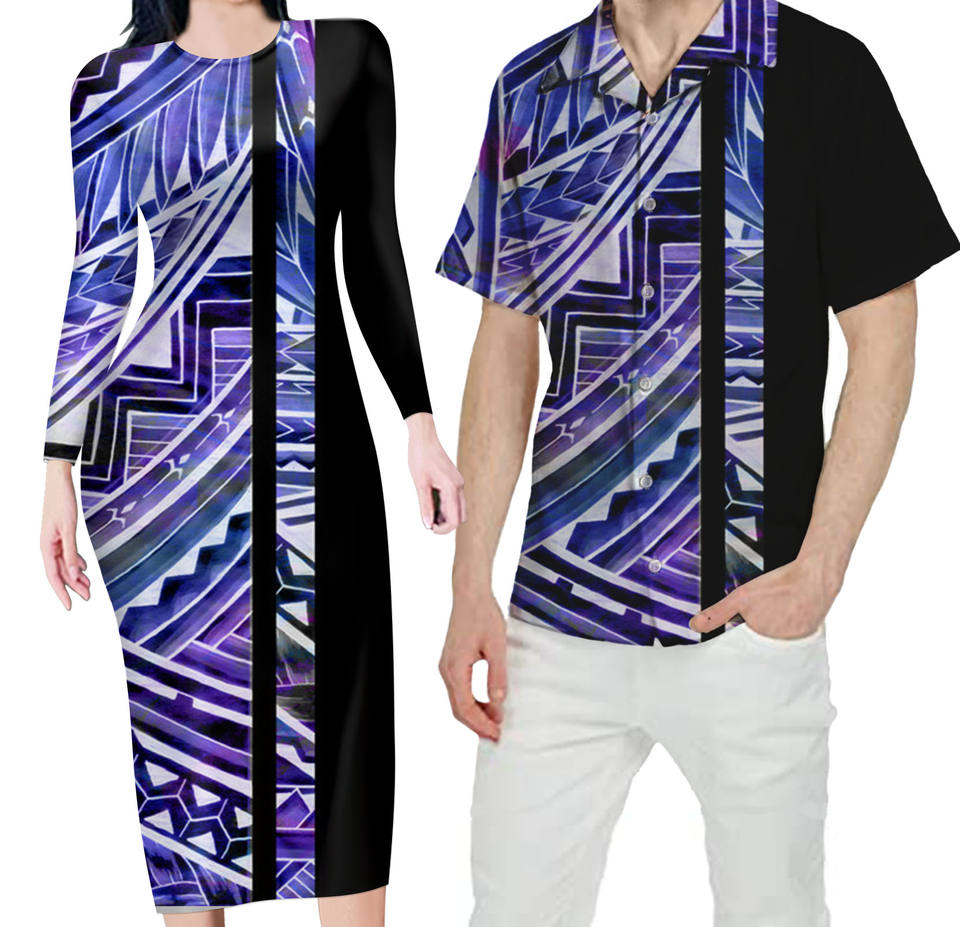 Hawaii Matching Outfit For Couples Polynesian Tribal Bodycon Dress And Hawaii Shirt - Polynesian Pride