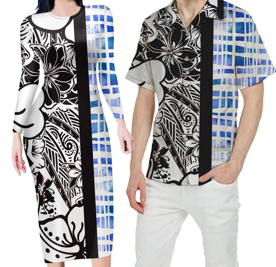 Hawaii White Matching Outfit For Couples Hawaiian Flower Half Bodycon Dress And Hawaii Shirt - Polynesian Pride