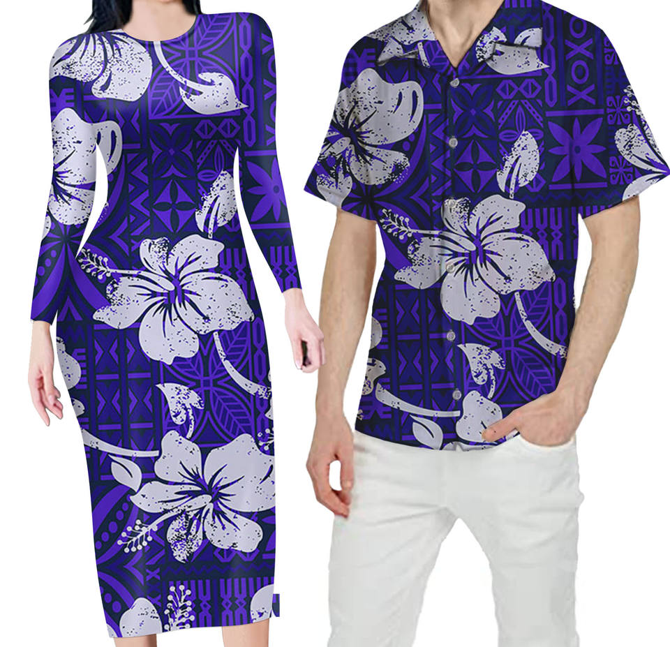 Blue Matching Outfit For Couples Hibiscus Flowers Hawaii Polynesian Tribal Bodycon Dress And Hawaii Shirt - Polynesian Pride