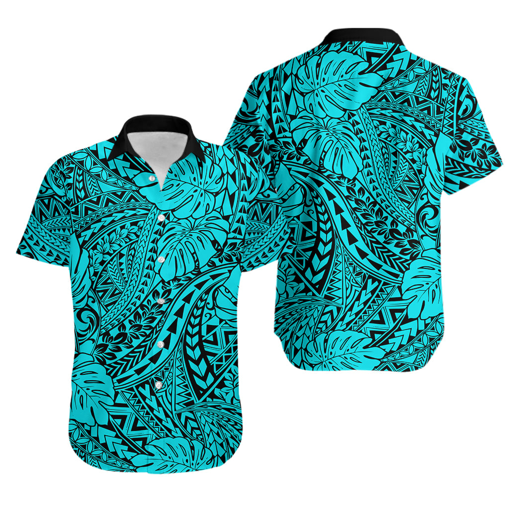 Hawaii Couples Matching Short Sleeve Bodycon Dress and Hawaiian Shirt Turquoise Polynesian Tribal Art LT14 No Dress Turquoise - Polynesian Pride